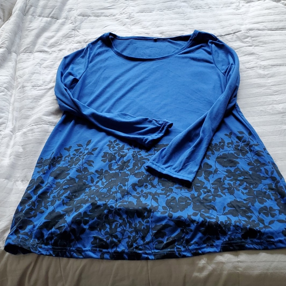 Blue Blouse with Black Leaves